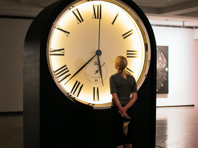 Stuart Ringholt, Untitled (Clock), 2014.Collection Museum of Contemporary Art Sydney. Purchased with funds provided by the MCA Foundation, 2014. Available for view online: https://www.mca.com.au/artists-works/works/201465/Caption details:Materials: Clockwork, tubular bells, world globe, steel, glass, electronicsDimensions: 280 x 202 x 100 cm