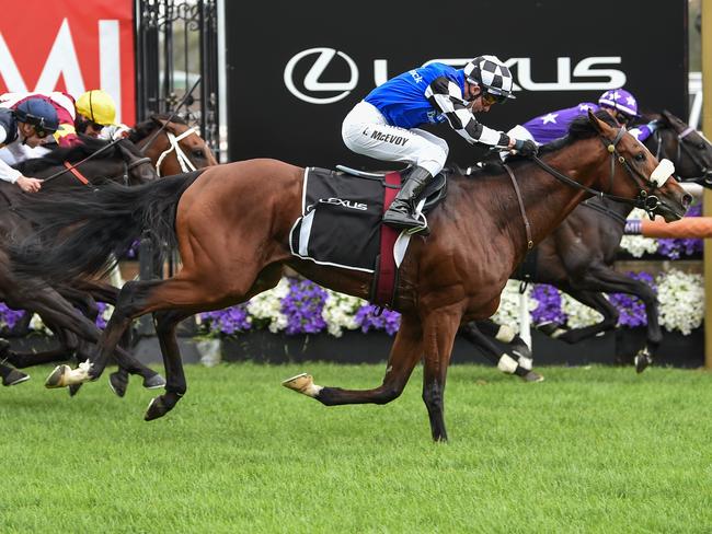 Ashrun (FR) ridden by Kerrin McEvoy wins the Lexus Hotham Stakes at Flemington Racecourse on October 31, 2020 in Flemington, Australia. (Brett Holburt/Racing Photos via Getty Images)