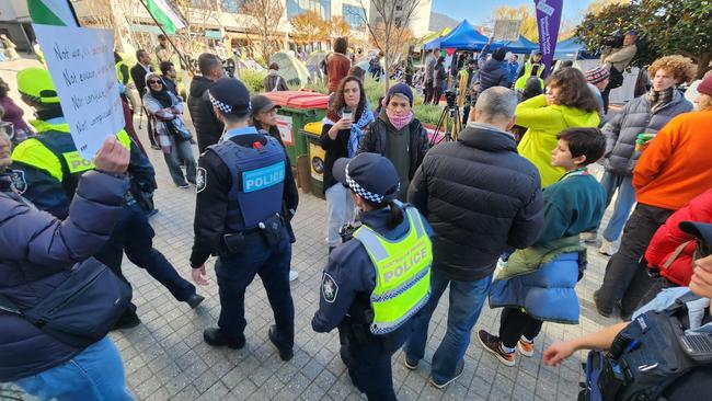 Police officers at the pro-Palestine protest encampment at the Australian National University in Canberra. Picture: NewsWire / Martin Ollman