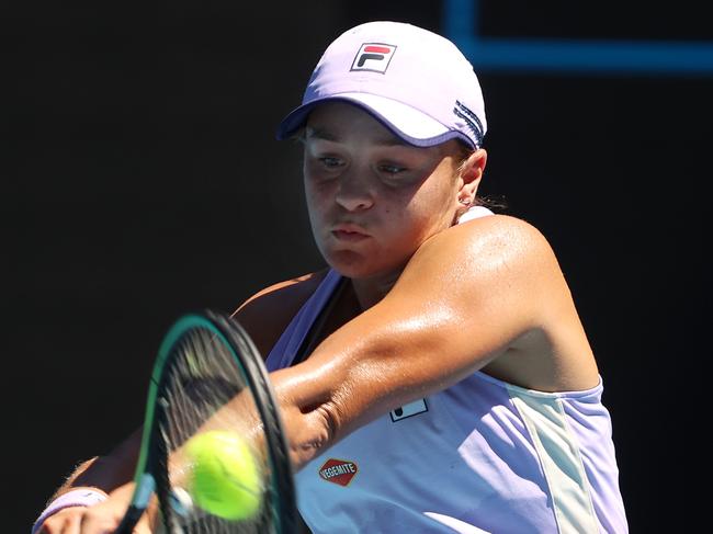 Australian Open tennis. 17/02/2021. Day 10.. Ash Barty vs Karolina Muchova on Rod Laver Arena.   Ash Barty backhand   . Pic: Michael Klein