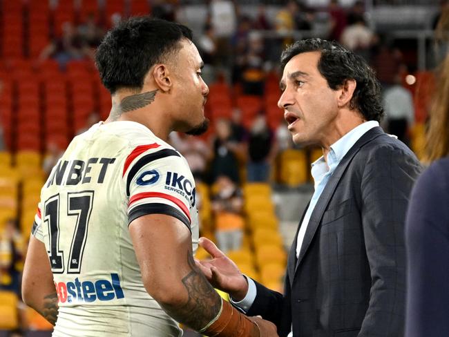 Spencer Leniu confronted Johnathan Thurston after the Roosters’ win over Brisbane this year. Picture: NRL Photos