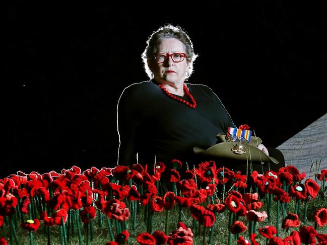 Irene Darby, 67 years, at the Australian War Memorial in Canberra where 60,000 poppies mark the centenary of the end of World War I.Irene was contacted by the Department of Defence and her DNA was used to confirm the identity of a recently recovered Australian Digger 3625 Lance Corporal James Leonard Rolls- her great uncle. Leonard was killed in action on 3 May 1917 but remained undiscovered until recently.Each poppy represents an Australian life lost in World War I.Picture Gary Ramage