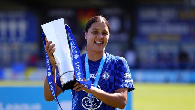 Matildas and Chelsea star Sam Kerr lifts the English Women's Super League trophy. Picture: Catherine Ivill/Getty Images