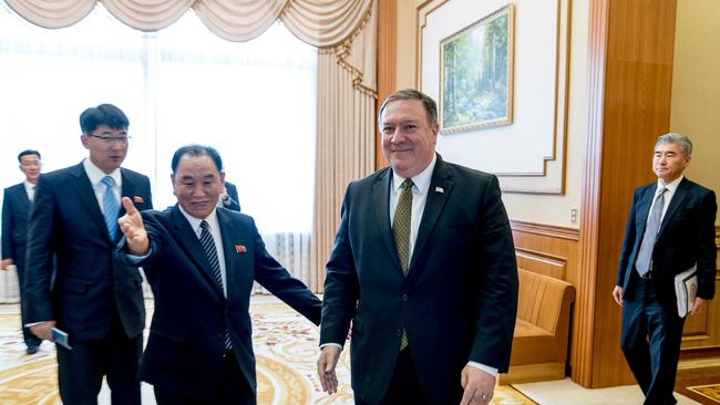 US Secretary of State Mike Pompeo (right) and Kim Yong Chol (left), a North Korean senior ruling party official and former intelligence chief. Picture: AFP