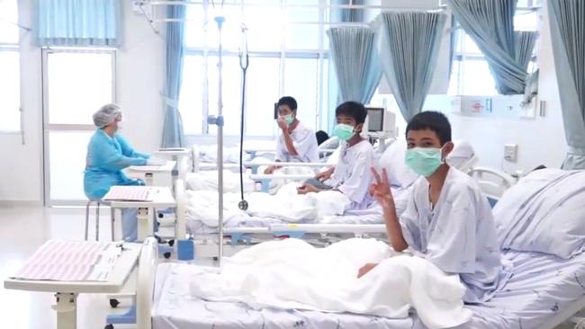 Members of the Wild Boars football team being treated at a hospital in Chiang Rai.