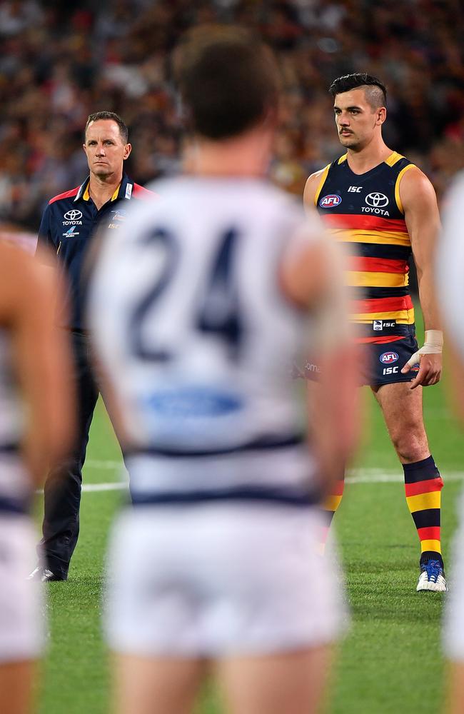 Adelaide Crows coach Don Pyke and Taylor Walker stare down Geelong on Friday night. Picture: Daniel Kalisz/Getty Images