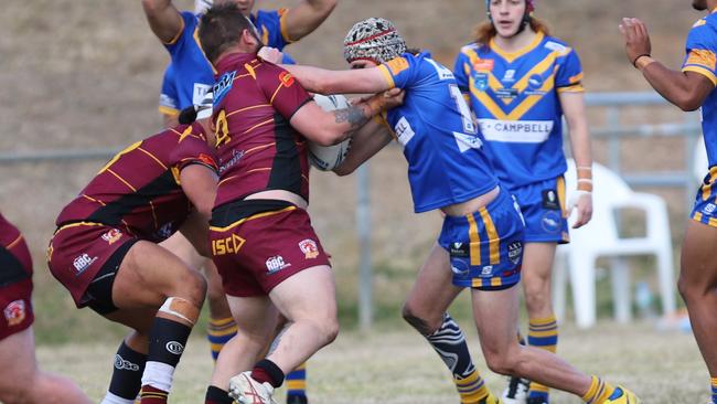 Thirlmere's Daniel Grieve steals the ball off Campbelltown City's Dylan Goodworth at Fullwood Reserve, reserve grade, Macarthur Rugby League, Round 15, 2023. Picture: Steve Montgomery