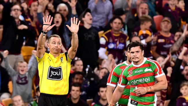 BRISBANE, AUSTRALIA — AUGUST 23: James Roberts of the Rabbitohs is sent to the sin bin for an illegal contact with Corey Oates of the Broncos during the round 23 NRL match between the Brisbane Broncos and the South Sydney Rabbitohs at Suncorp Stadium on August 23, 2019 in Brisbane, Australia. (Photo by Bradley Kanaris/Getty Images)