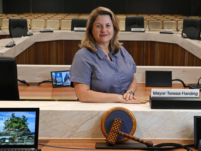 27/1/2025: Ipswich Mayor Teresa Harding who will be permanently gagged by her fellow councillors in a vote on Tuesday, in the council chambers and in front of the Council building in Ipswich, west of Brisbane.  Six of the nine so-called independent councillors have been gradually using their block of votes to take away the mayor's powers. pic: Lyndon Mechielsen/The Australian