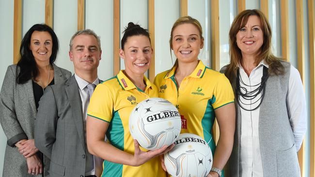 (L-R) Bianca Chatfield (Australian Netball Players Association), Ben Scales (CEO, Adelaide Thunderbirds), Madi Robinson (Australian Netball Diamond), Liz Watson (Australian Netball Diamond) and Marne Fechner (Deputy Chief Executive, Netball Australia). Picture: Josie Hayden