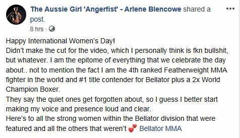 Arlene's Facebook post in which she vented frustration at being left out of Bellator's video. Picture: Facebook