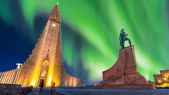 The aurora borealis over Hallgrimskirkja in Reykjavik, Iceland.