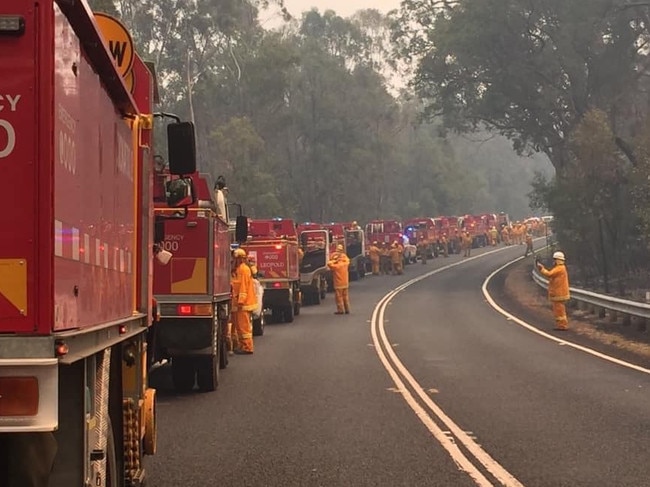 CFA crews meet just outside Briagolong, on their way to tackle the fires raging through the region on Tuesday. Image: CFA Rosebud