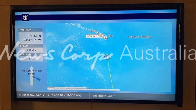 A screen on board the cruise ship shows its position on its way to Hawaii. Picture: National Network News Exclusive/Robert Rigby