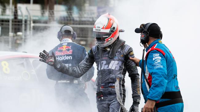 Nick Percat walks away from a pit lane fire. Picture: Daniel Kalisz/Getty