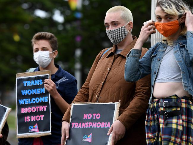 SYDNEY, AUSTRALIA - NewsWire Photos FEBRUARY, 23, 2021: Community Action for Rainbow Rights members are seen during a protest for transgender women right to use the McIver's Ladies Baths, at Little Bay in Sydney. Thousands of transgender women have vowed to protest against a "cruel" Discrimination Act exemption that effectively bans preoperative trans women from swimming in a female-only pool. NCA NewsWire/Bianca De Marchi