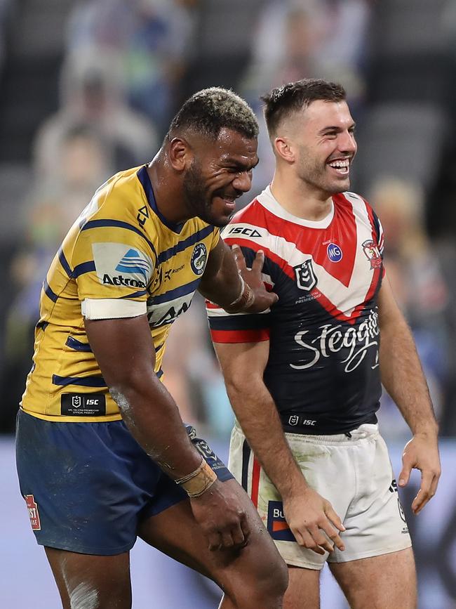 Tedesco shares a joke with Sivo of the Eels at full time. Picture: Mark Kolbe/Getty Images