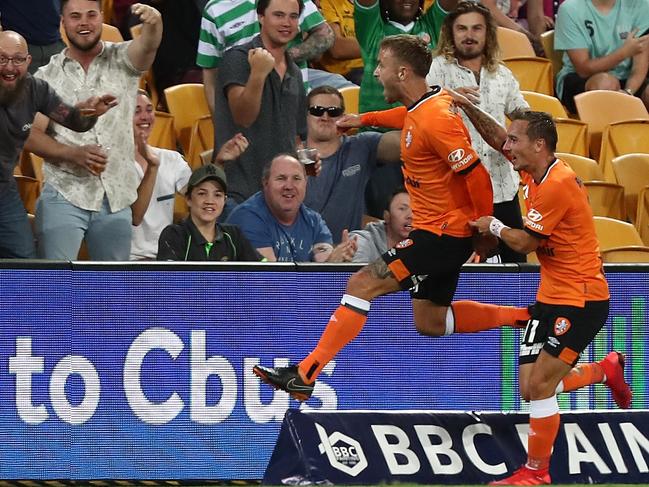 BRISBANE, AUSTRALIA - NOVEMBER 24:  Adam Taggart of Roar celebrates a goal during the round five A-League match between the Brisbane Roar and Melbourne City FC at Suncorp Stadium on November 24, 2018 in Brisbane, Australia.  (Photo by Chris Hyde/Getty Images)