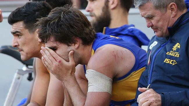 Eagle Andrew Gaff shows his devastation after whacking Andrew Brayshaw. Picture: Paul Kane/Getty Images