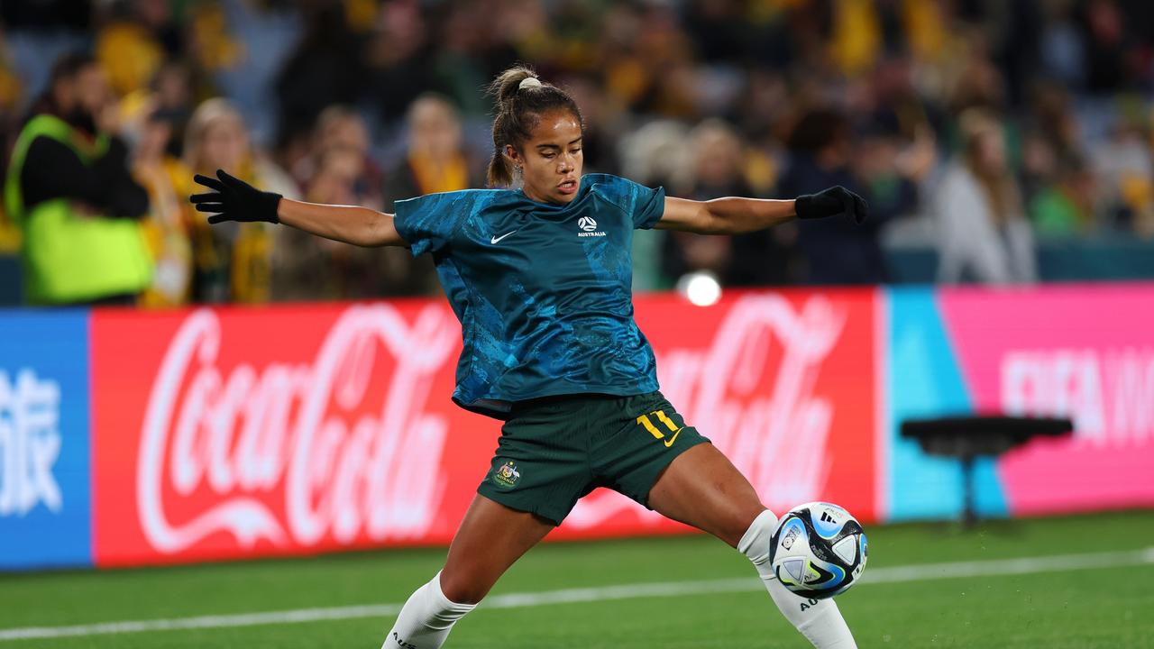 Mary Fowler warms up ahead of the Matildas opener. Picture: Getty