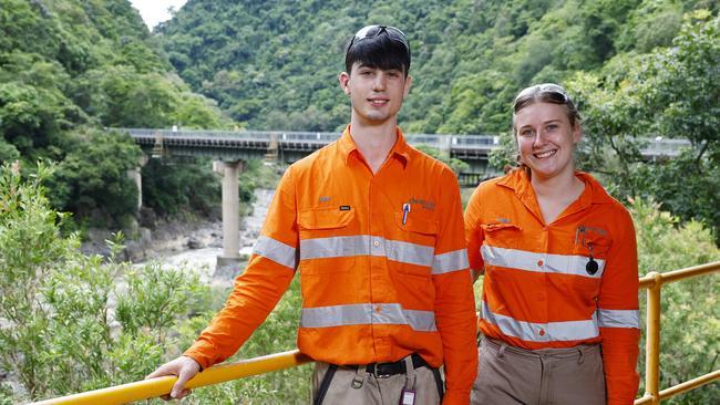 Liam Prestipino and Aelira Catalina, both 17, have begun apprenticeships at CleanCo's hydro electricity power plant on the Barron River, with Aelira undertaking an electrical apprenticeship and Liam learning mechanical engineering. Picture: Brendan Radke