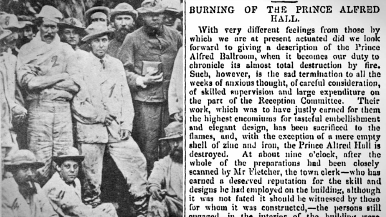 Prince Alfred at a Ballarat mine and, right, a newspaper article about the destruction of Alfred Hall in Bendigo by fire. Pictures: State Library of Victoria, Trove