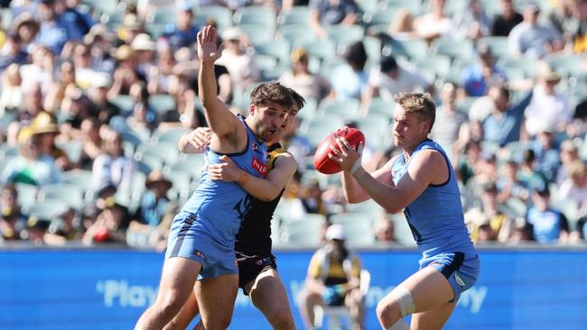 James Battersby and Joel Thiele from Sturt during the 2023 SANFL Grand Final between Sturt and Glenelg at Adelaide Oval in Adelaide, Sunday, September 24, 2023. Picture: SANFL Image/David Mariuz