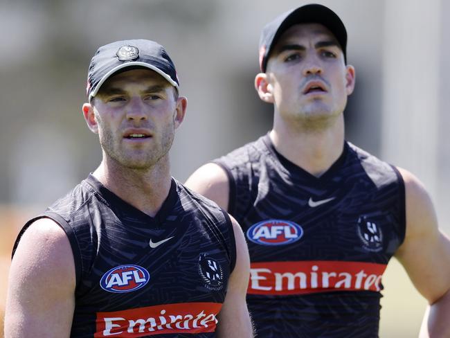 NCA. MELBOURNE, AUSTRALIA. 11th November 2024. AFL.  Collingwood training at Olympic Park . Tom Mitchell and Brayden Maynard of the Magpies  on the first official day back for the 1-4 year players .  Picture: Michael Klein