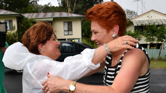 One Nation leader Senator Pauline Hanson and Bundamba MP Jo-Ann Miller greet each other warmly in Ipswich. Picture: Darren England/AAP