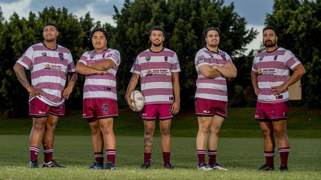 The Nerang Bulls will field five first cousins in their team to take on reigning premiers Helensvale Hogs in Sunday's GCDRU grand final. Ezra Tuitapa-Isaac, Danen Isaac, Tyran Isaac, Addi Isaac and Jovi Isaac. Picture: Jerad Williams