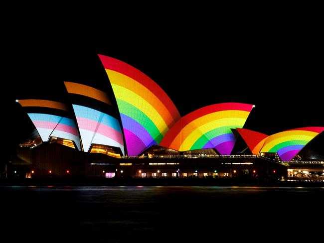 Sydney’s Opera House was lit up in the colours of the Progress Pride flag to celebrate WorldPride on February 17. Picture: Brendon Thorne/Getty Images