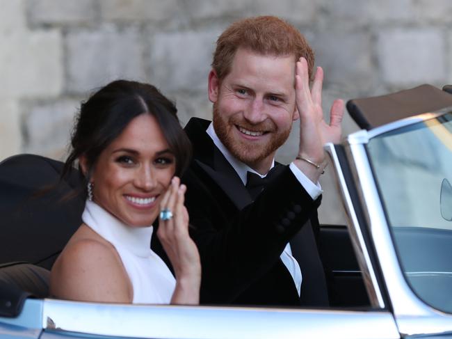 A Stella McCartney-clad Meghan Markle and Prince Harry leaving their wedding reception at Frogmore House. Picture: Getty Images