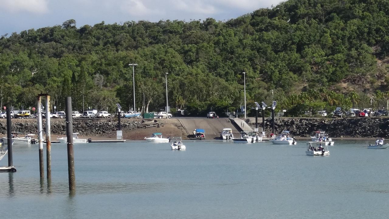 Boaties waiting in line to use the boat ramps at Rosslyn Bay Harbour.
