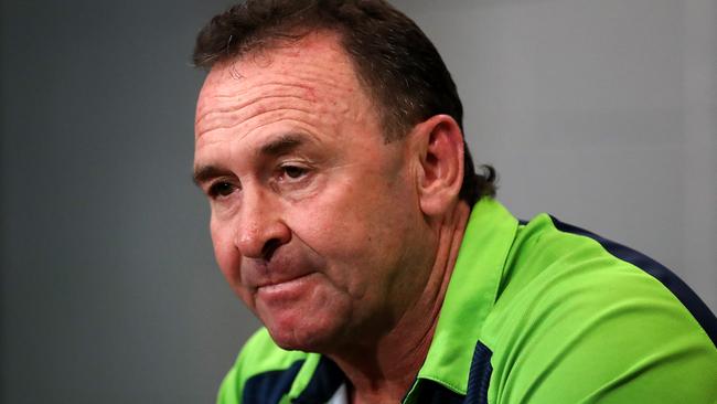 BRISBANE, AUSTRALIA - OCTOBER 16: Raiders Coach Ricky Stuart speaks to the media after the NRL Preliminary Final match between the Melbourne Storm and the Canberra Raiders at Suncorp Stadium on October 16, 2020 in Brisbane, Australia. (Photo by Jono Searle/Getty Images)