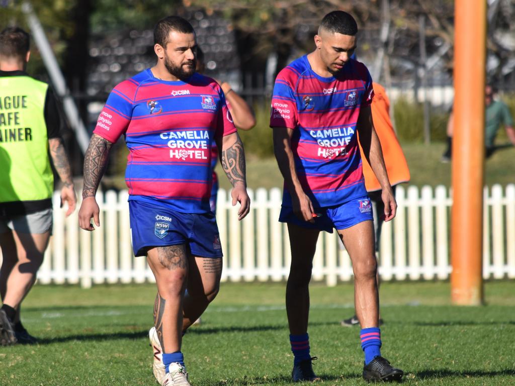 Thomas John (left) and Kieren Mundine. Picture: Sean Teuma. Souths Juniors A-grade preliminary final Alexandria Rovers vs Coogee Dolphins at Mascot Oval, 1 September 2024.