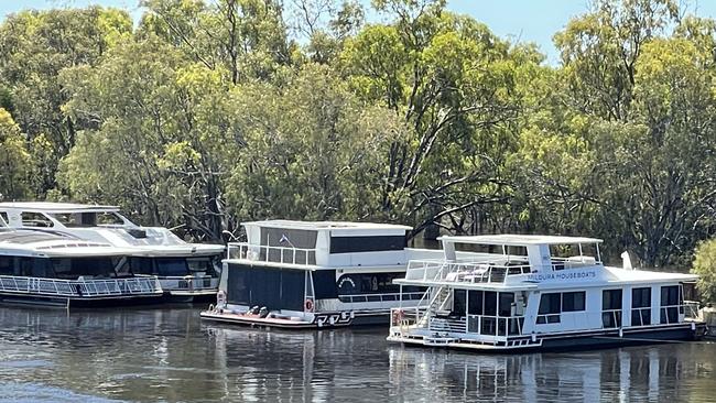 Mildura Houseboats moored due to Murray River flooding. Taken on December 1, 2022.