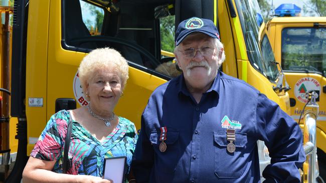 Tina and Victor Bawden, with Victor’s National Medal he was awarded for his service to the Lockyer Waters rural fire brigade. PHOTO: Supplied.