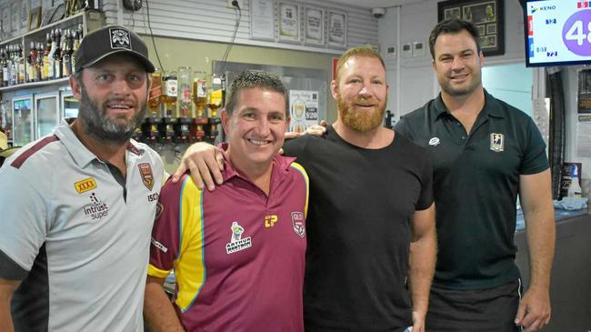 Broncos&#39; legend Chris Walker, NRL development officer Grant Bignell and former Maroons stars Michael Crocker and David Shillington at the Commonwealth Hotel. Picture: Ellen Ransley