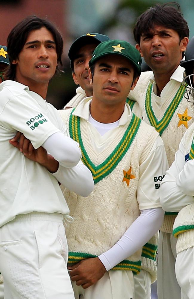 Mohammad Amir, Salman Butt and Mohammad Asif of Pakistan at Lord’s where a bomb threat hoax was called by Keith Bradshaw to assure their arrests for match fixing. Picture: Clive Rose/Getty Images