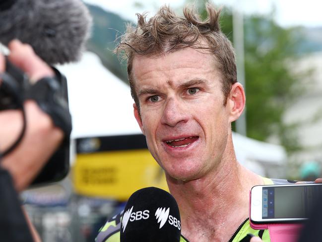 Tour de France stage 17 - Digne-Le-Bains to Pra Loup. Australian Michael Rogers talks to the media after his team mate Alberto Contador had a mechanical in the last few Kms. Photo Sarah Reed.