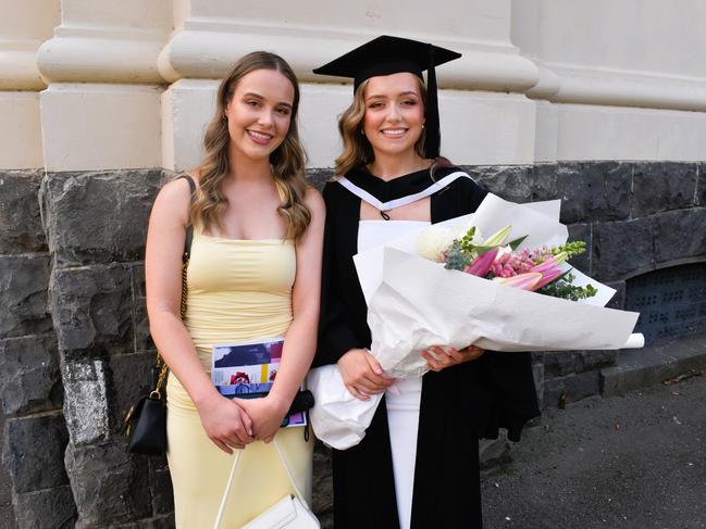 Madeline Fry and Jessica Fry (Bachelor of Oral Health) at the University of Melbourne graduations held at the Royal Exhibition Building on Saturday, December 7, 2024. Picture: Jack Colantuono