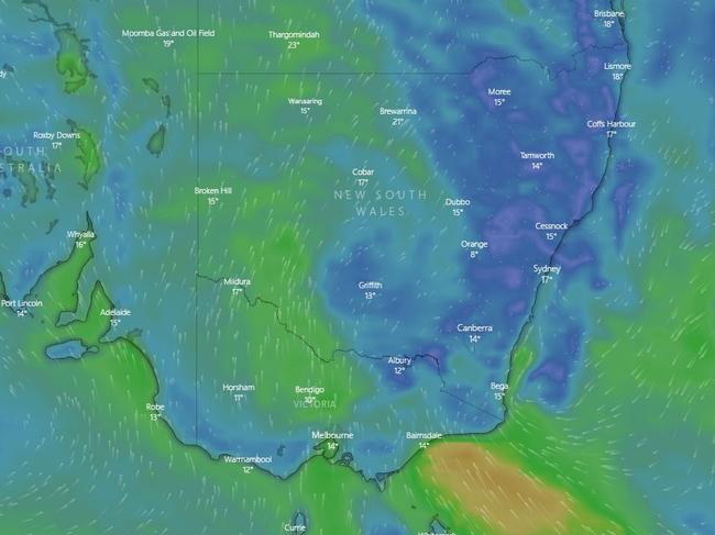 A cold snap is set to hit southeast Australia this week. Forecast temperatures  at  6pm on May 4, 2021. Picture: Windy.com