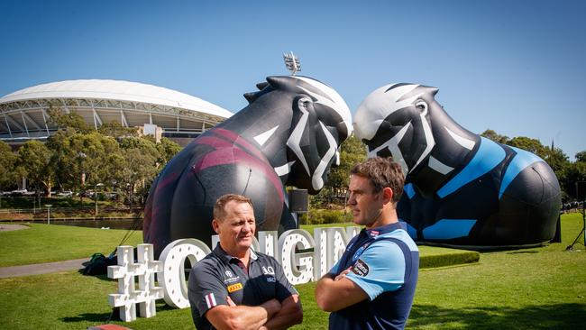 4/2/2020 Queensland coach Kevin Walters with NSW coach Brad Fittler in Elder Park at the Adelaide NRL State of Origin launch. Picture MATT TURNER.