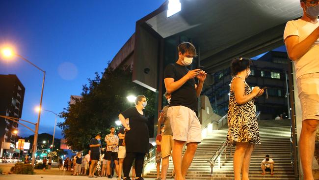 People queue for COVID-19 tests at the Royal Brisbane and Womens Hospital yesterday. Picture: David Clark