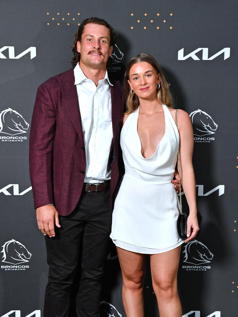 Jaiyden Hunt and Courtney Date at the Broncos’ 2025 season launch at The Star Brisbane. Picture: John Gass