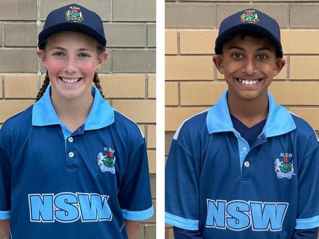 (L-R) Captains Ava Dragovic and Ethan Natkunmanickam, NSW PSSA U12 girls and boys cricket teams to play School Sports Australia U12 Championships in Darwin 2023, picture at Raby Oval, 1 June 2023. Picture: Jason Hosken (News Corp)