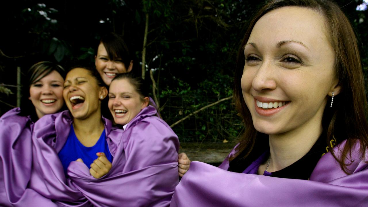 Candidates for the Grafton Jacaranda Festival Queen try on their custom made capes. (LtR) Alanna Goodwin, Mel Roberts, Gemma Buckley, Verginia Nairn and Alisha Bearman