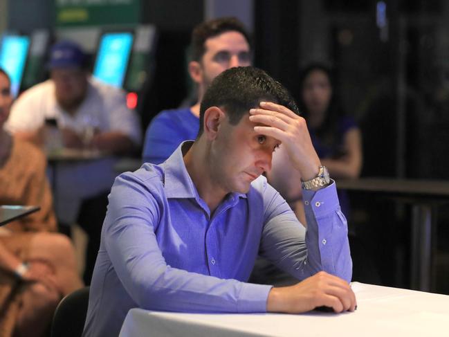 31st October 2020,  Queensland State election 2020 David Crisafulli watches the tally count intently as he holds on to his seat of BroadwaterPhoto: Scott Powick