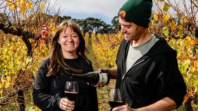 Living Roots winemakers Colleen and Seb Hardy at their Kuitpo winery. Picture: Morgan Sette