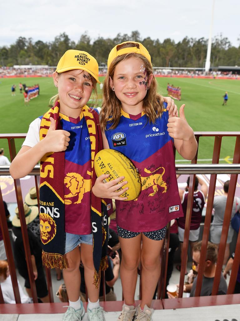 Tilly Nelson, 9, and Indigo Waxman, 9 at the NAB AFLW grand final. Picture: Patrick Woods